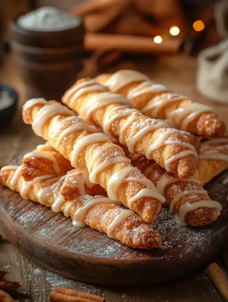 Glazed cinnamon twists with white icing drizzle on rustic wooden serving board