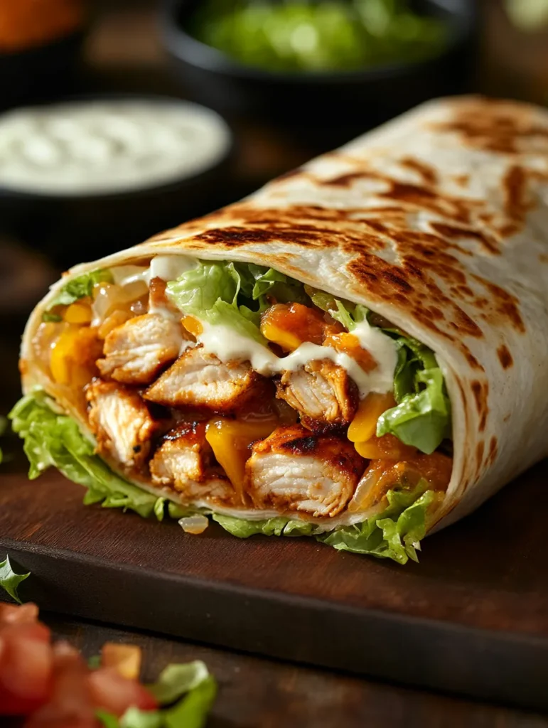 Creamy chipotle ranch sauce being drizzled on burrito filling