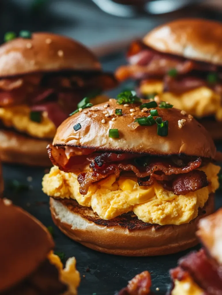 Mini bagel breakfast sandwich with bacon and eggs