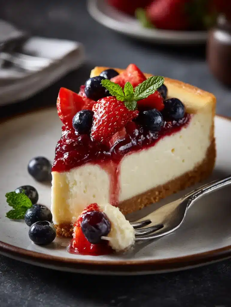 Perfect slice of blueberry peach cheesecake showing all layers