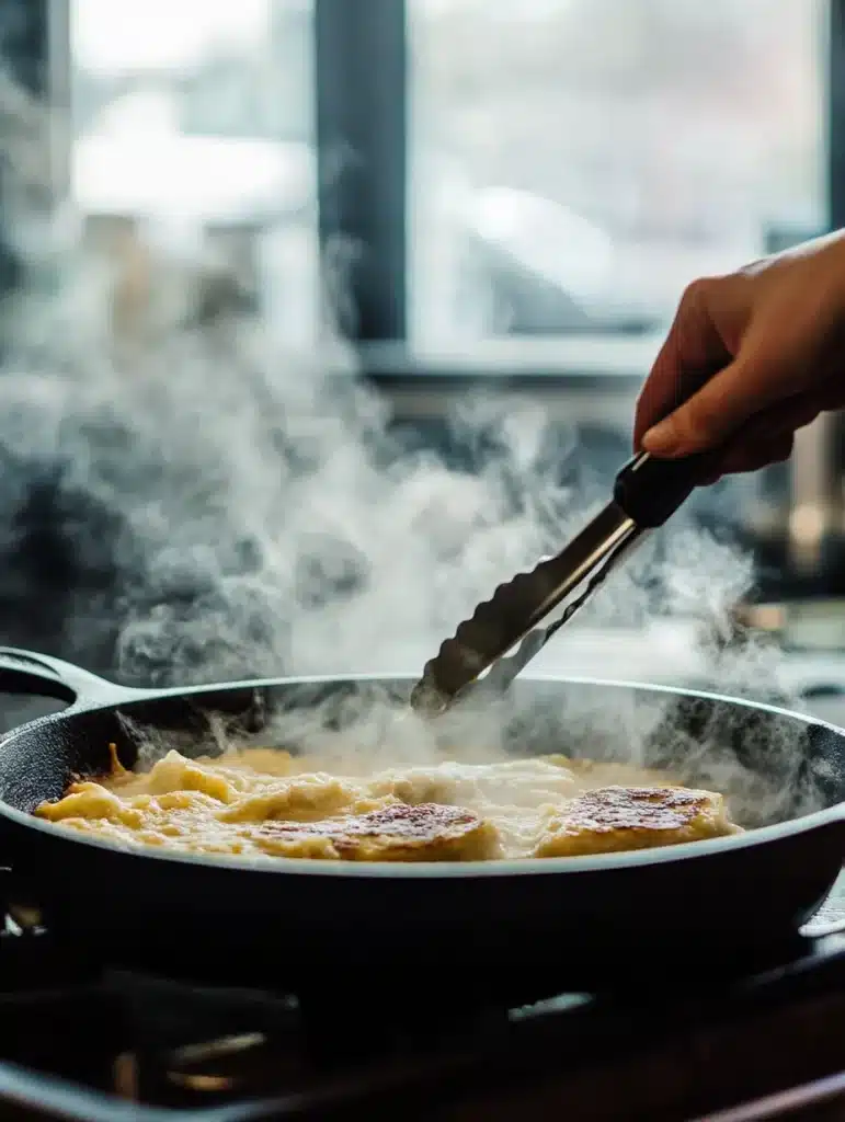 Cooking Monte Cristo with professional cast iron skillet and commercial tools