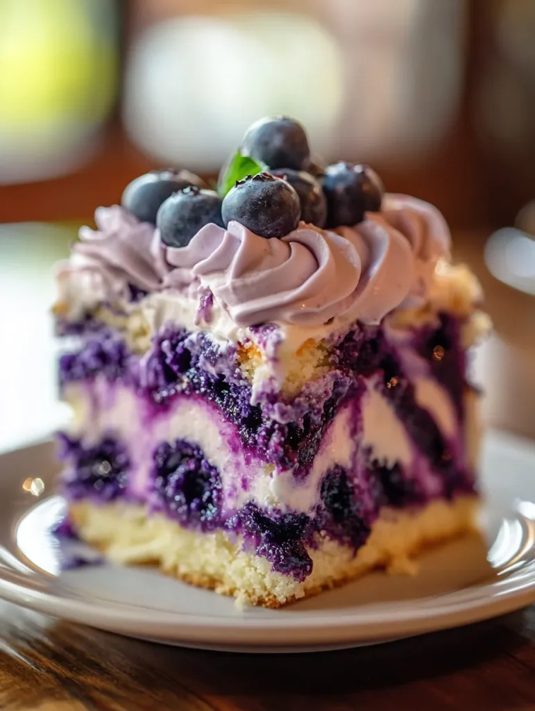 Family enjoying blueberry poke cake at outdoor gathering