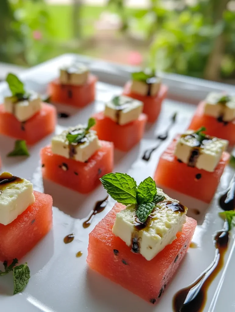 Close-up of single watermelon feta balsamic canapé with mint garnish