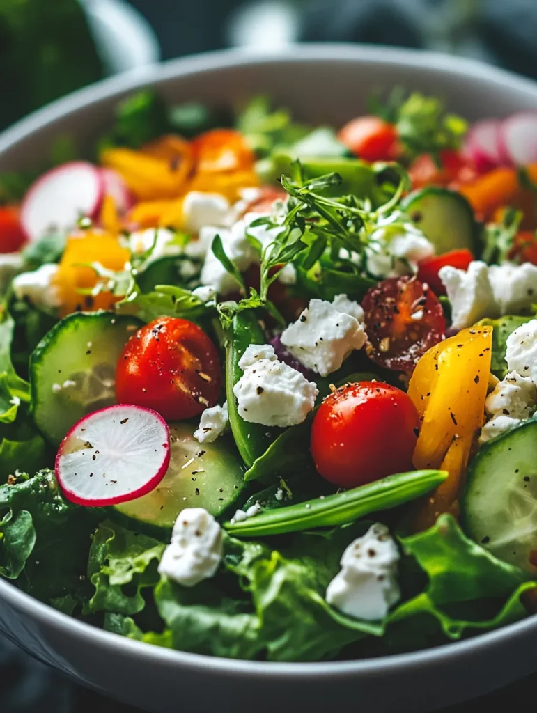 Plated spring salad with feta cheese and toasted nuts