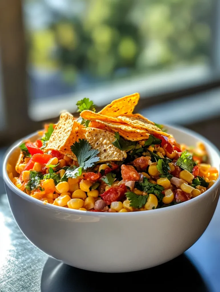 Fresh ingredients for Frito Corn Salad laid out including corn, peppers, onions, and Fritos