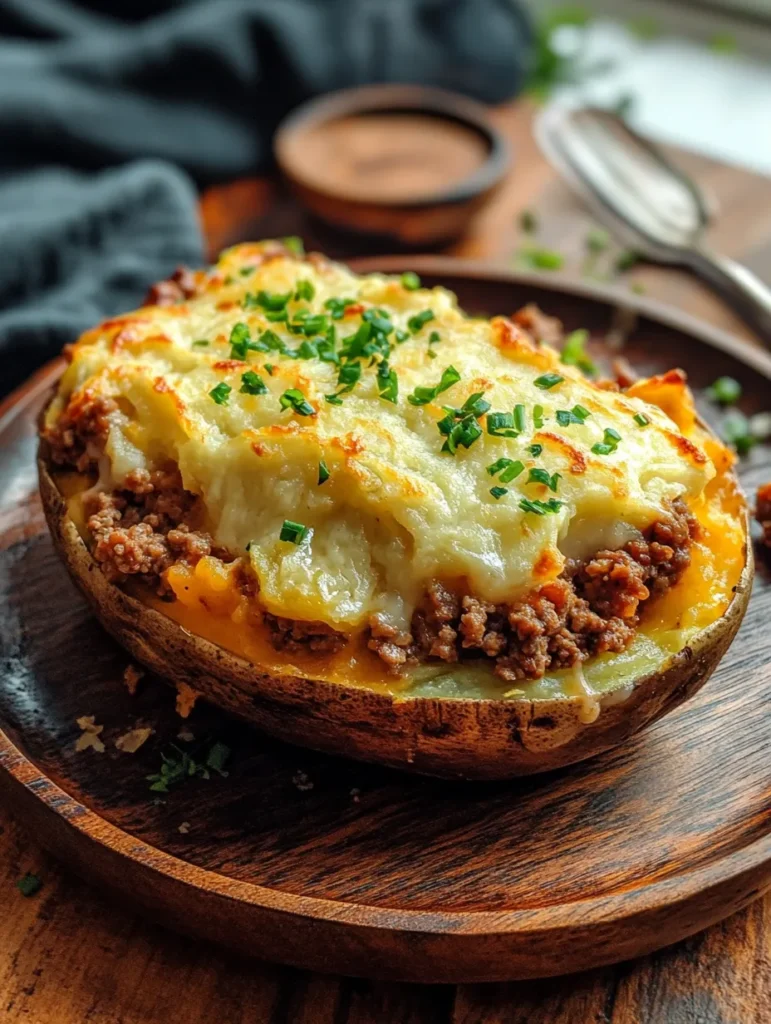 Plated Shepherd's Pie Stuffed Baked Potatoes served as a complete meal with side salad