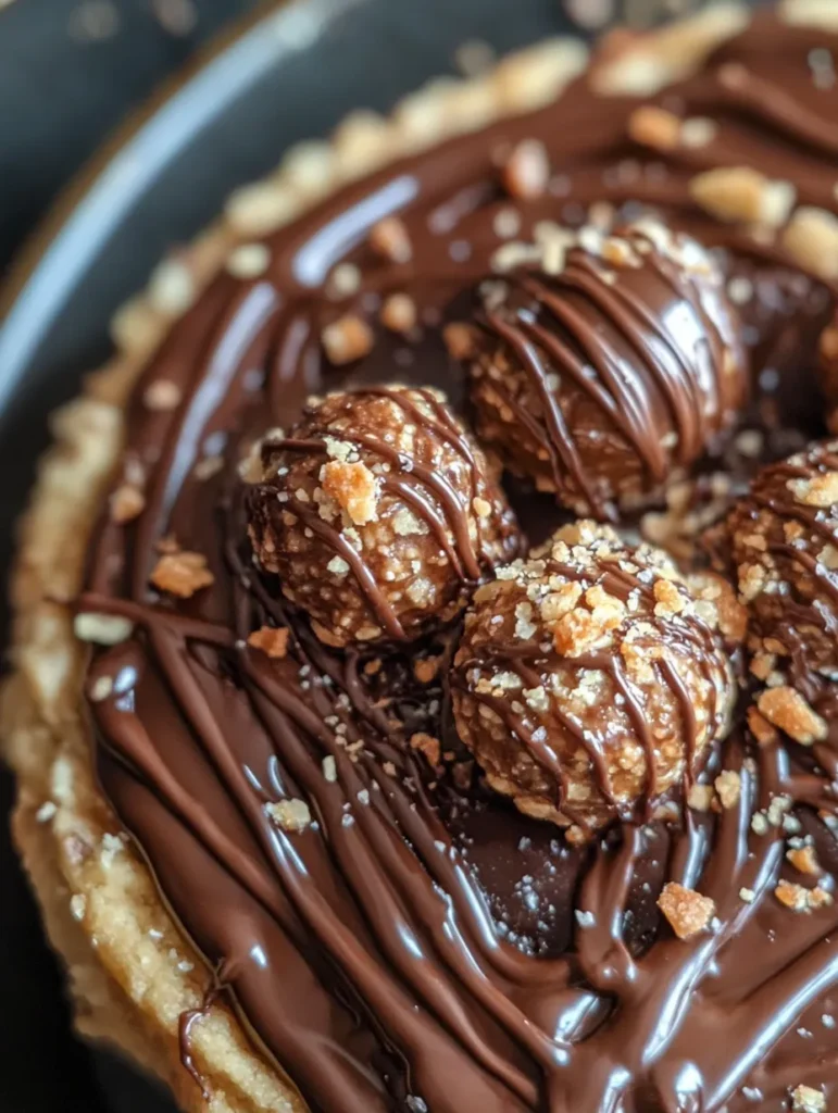Step by step process of layering cookie dough with Nutella and Ferrero Rocher chocolates