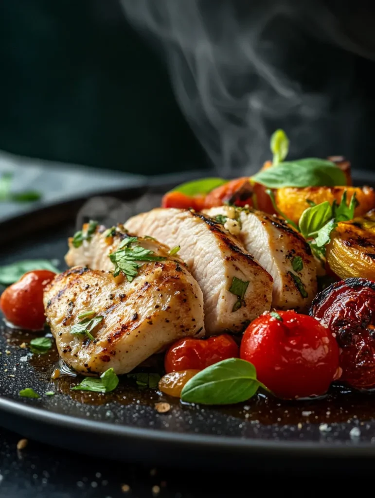 Juicy marinated grilled chicken breast with vegetables