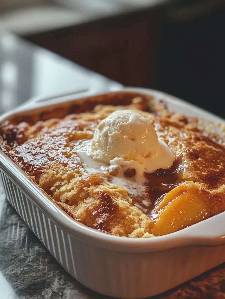 Hands pouring cobbler batter over melted butter with prepared peaches nearby