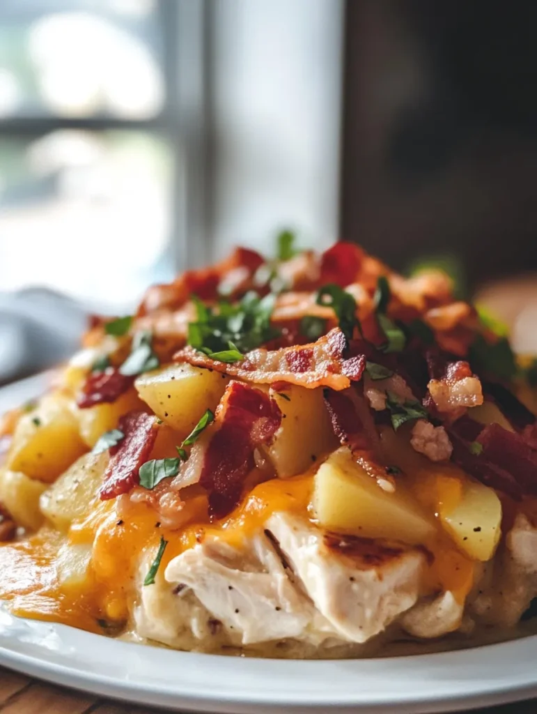 Person serving loaded potato ranch chicken casserole
