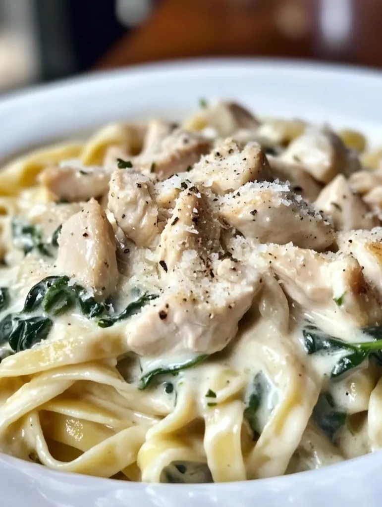 Creamy chicken spinach pasta in white bowl