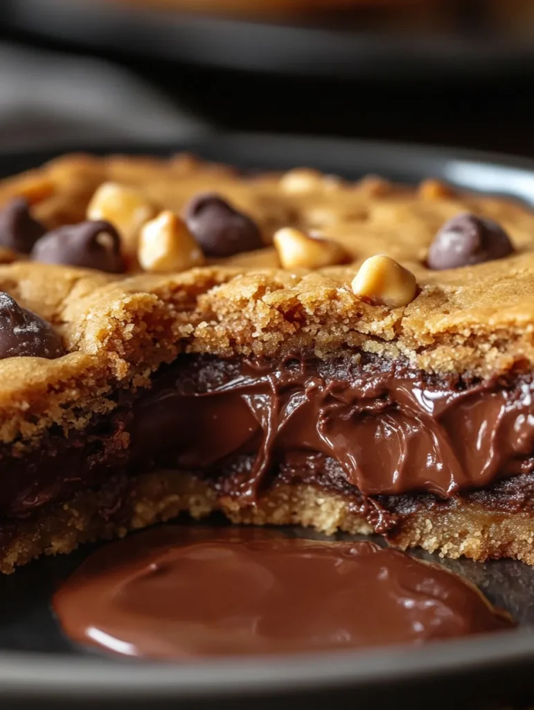 Nutella stuffed cookie pie slice on plate with vanilla ice cream