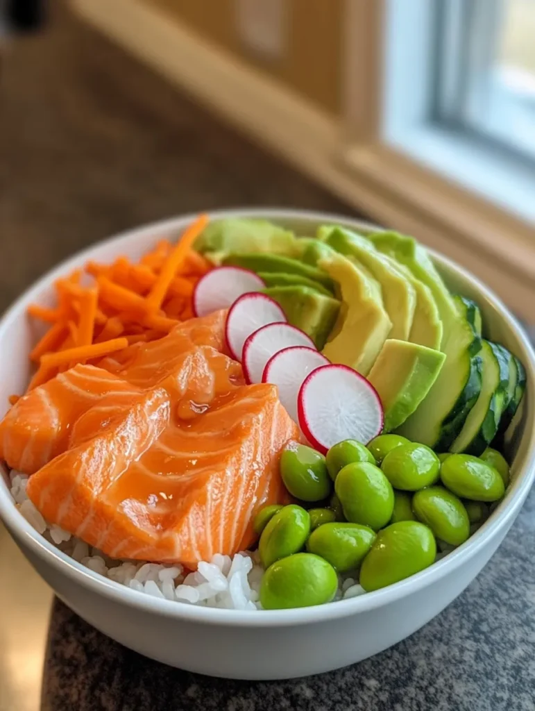 Deconstructed honey sriracha salmon bowl ingredients
