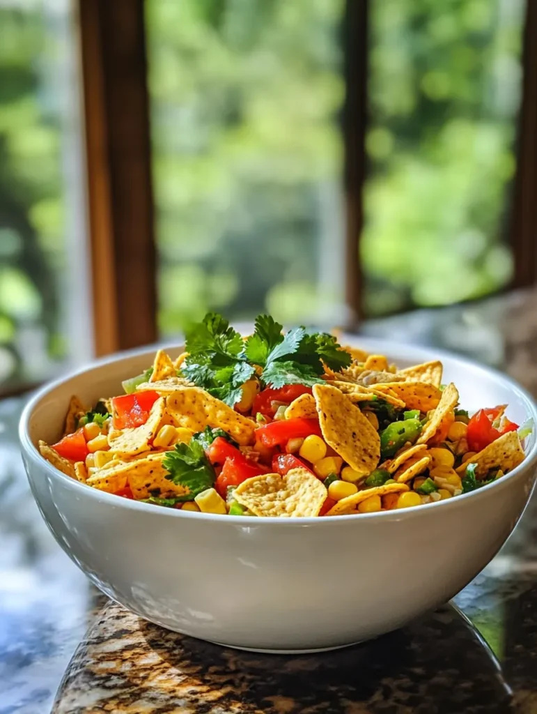 Mixing creamy dressing into corn salad mixture in glass bowl