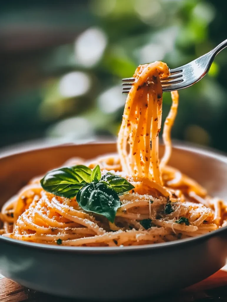 Plated hemp lemon pesto pasta garnished with fresh basil and parmesan
