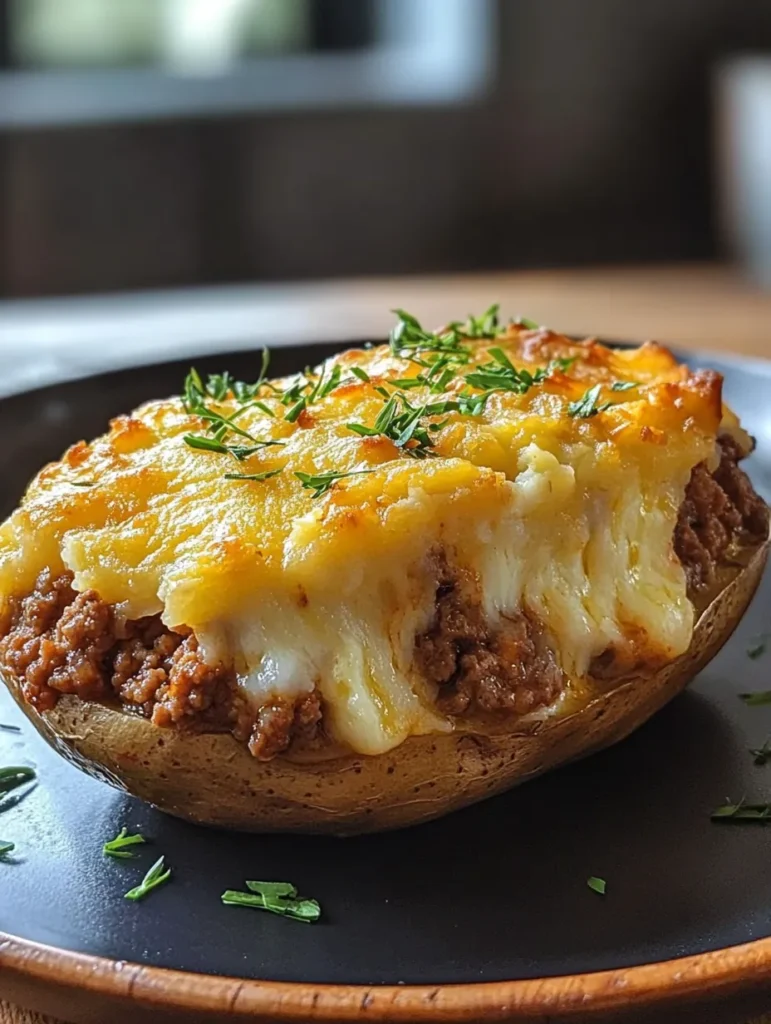 Preparing Shepherd's Pie Stuffed Baked Potatoes by filling potato shells with savory meat mixture