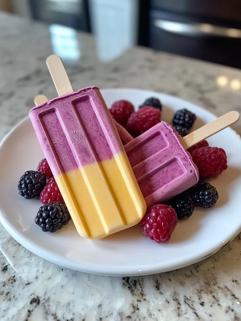 Fresh ingredients for homemade popsicles including berries, yogurt and honey