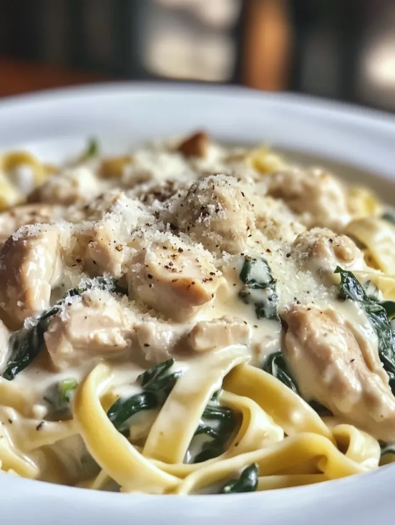 Fork twirling creamy chicken spinach pasta