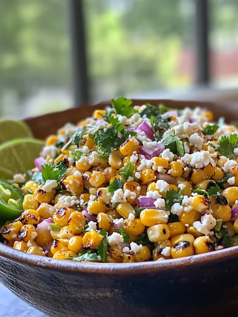Mexican Esquites served in traditional cup with spoon next to festive dinner spread