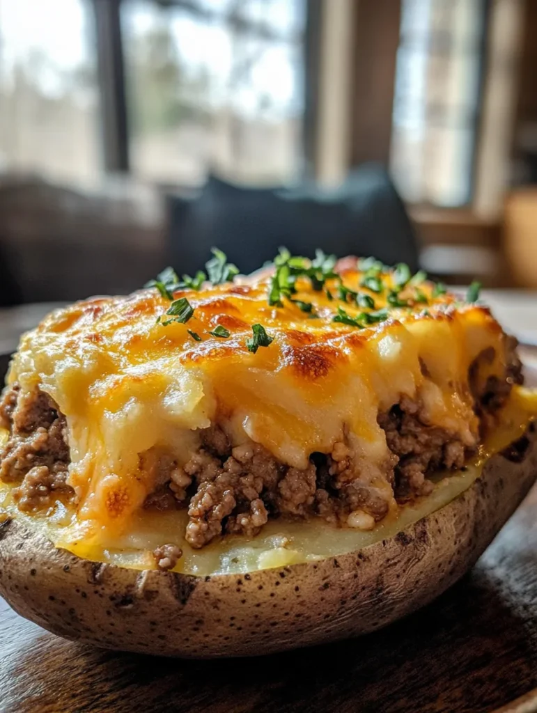 Fresh ingredients for Shepherd's Pie Stuffed Baked Potatoes including russet potatoes, ground meat, vegetables and cheese