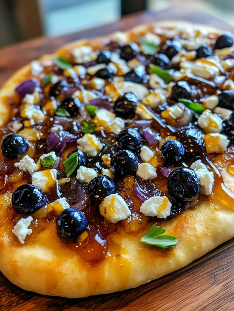 Step by step process of assembling blueberry feta naan pizza with caramelized onions