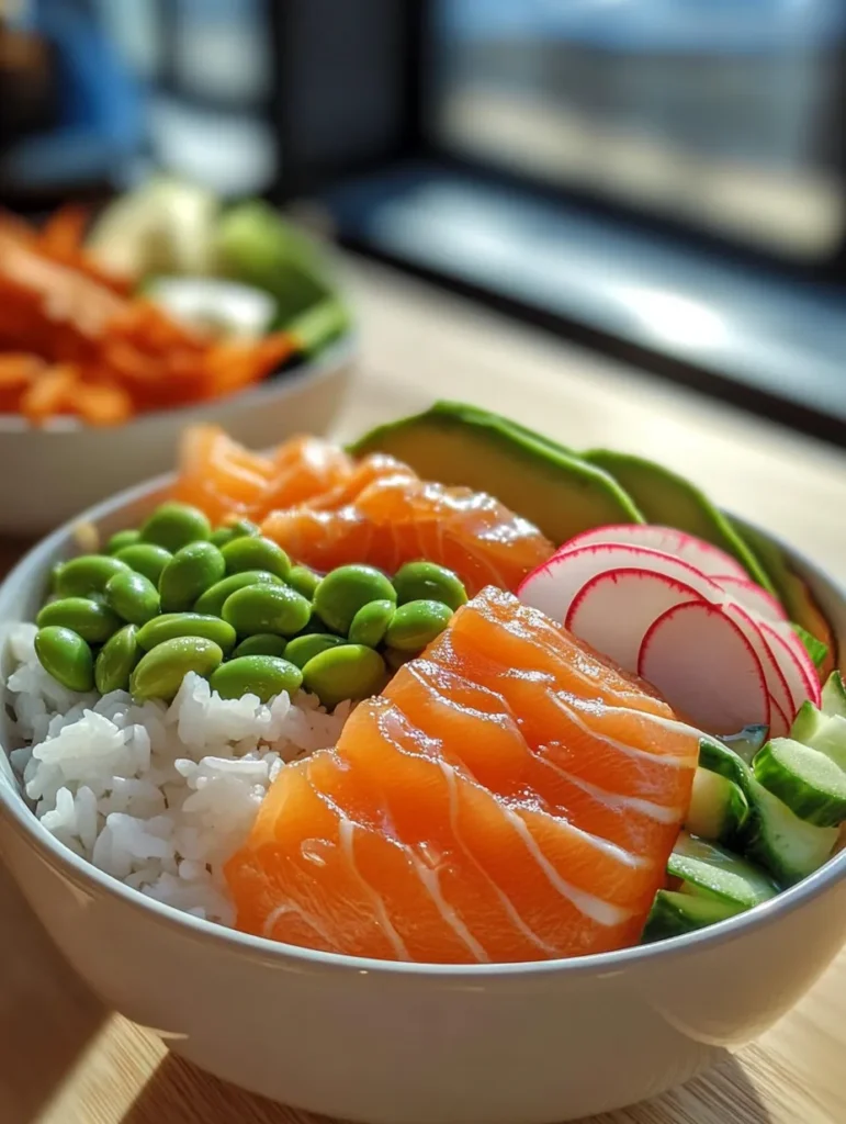Honey sriracha glazed salmon bowl with rice and vegetables