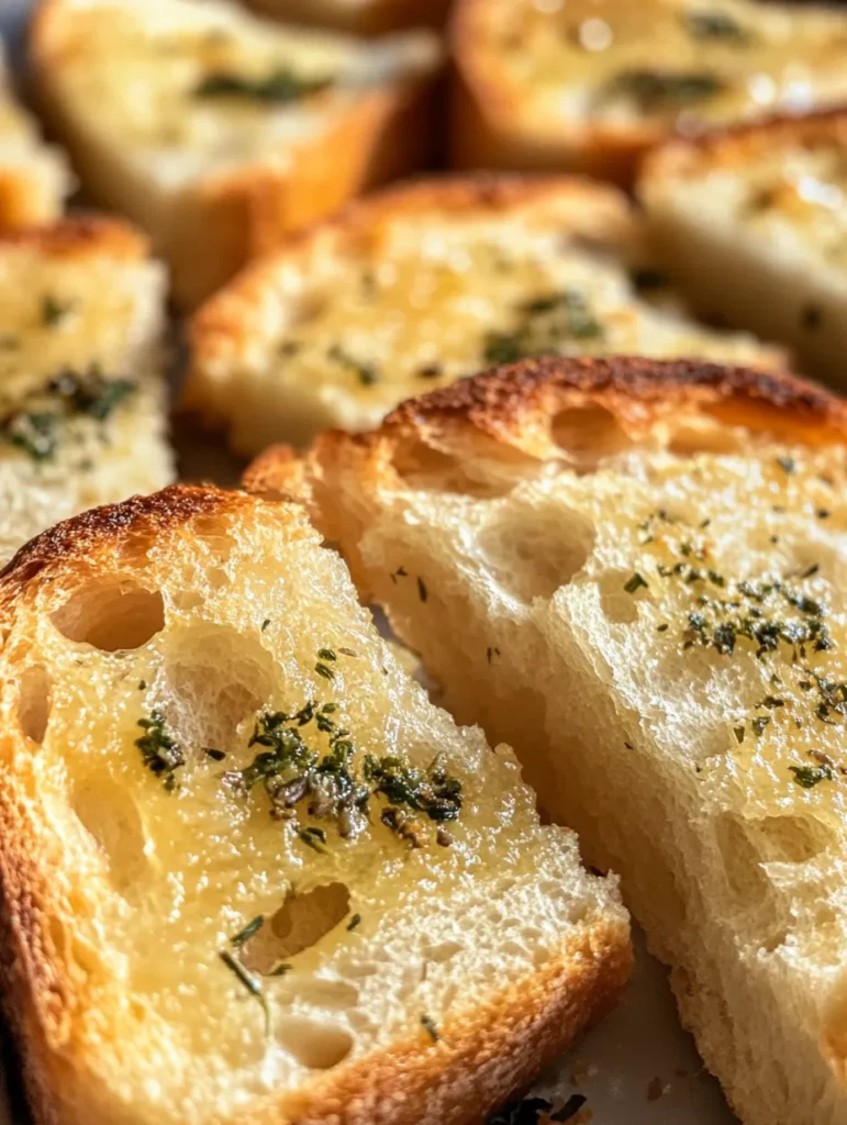 Simple ingredients for homemade garlic bread including sliced bread, butter, garlic, and herbs