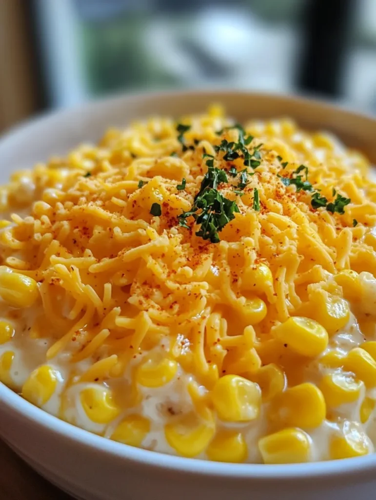 Serving of creamy cheesy corn on plate next to grilled chicken and vegetables