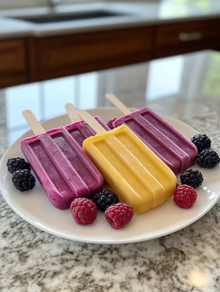 Variety of flavored popsicles on a blue serving tray