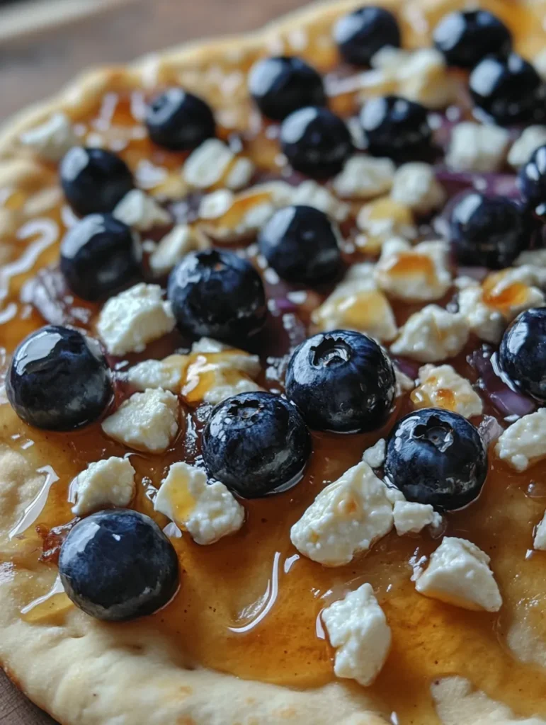Sliced blueberry feta naan pizza on wooden board with fresh arugula garnish