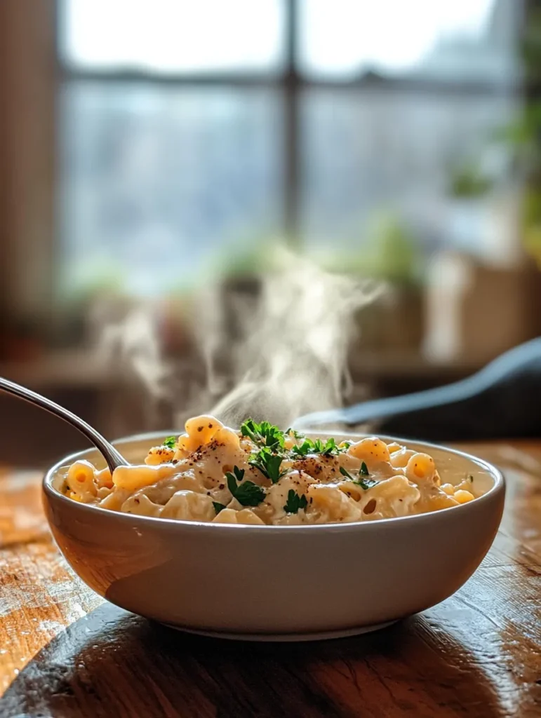 Pouring cheese sauce over macaroni with honey pepper chicken pieces ready to be mixed in