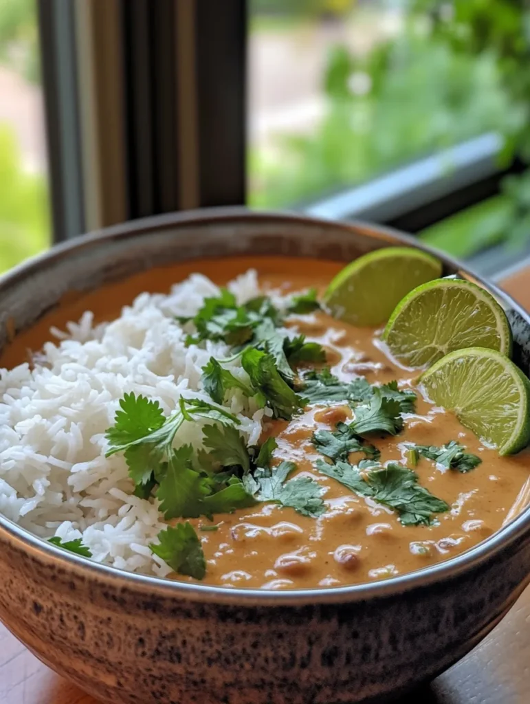 Served coconut butter bean curry with naan bread and fresh herbs