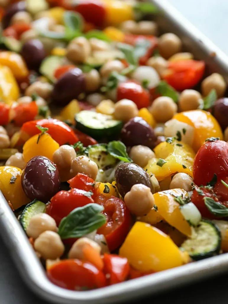 Vegan Greek sheet pan dinner being served with pita bread and lemon wedges