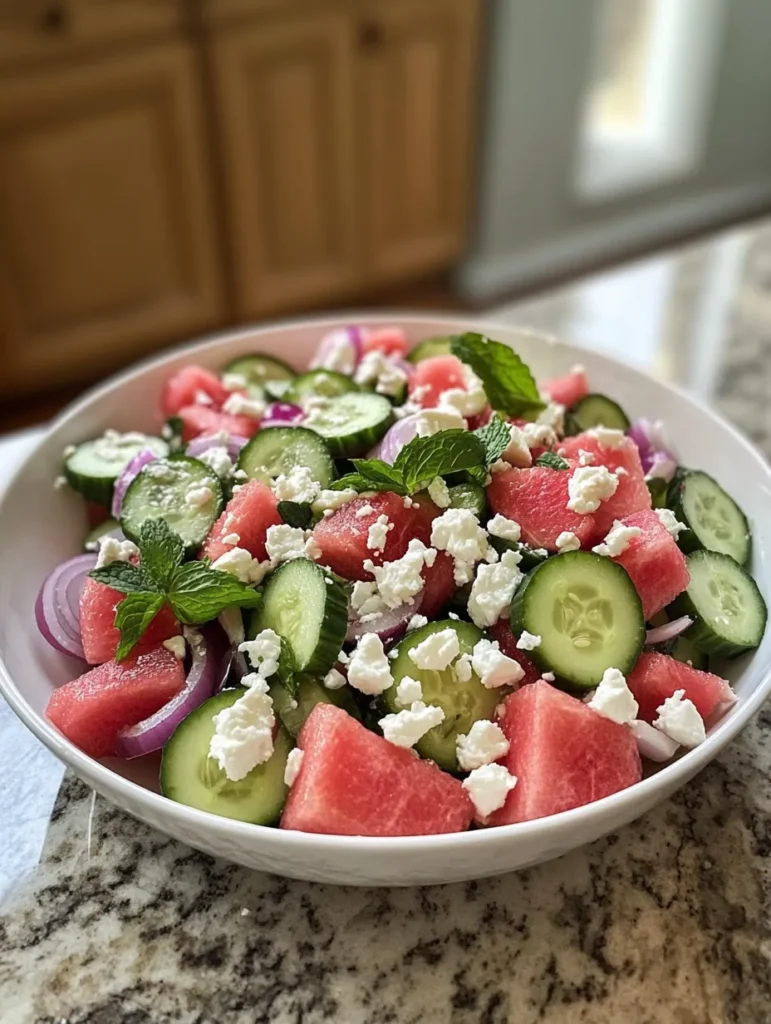 Watermelon cucumber feta salad served on a patio table with grilled chicken