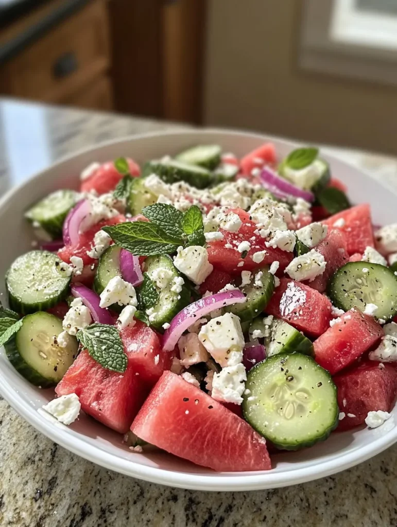 Process shots of cutting watermelon and assembling salad