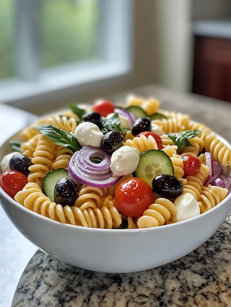 Fresh ingredients for Italian pasta salad arranged on marble countertop