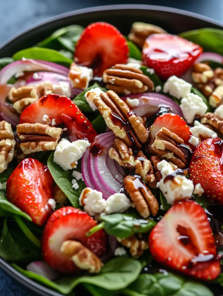 Strawberry spinach salad served in white bowl with honey balsamic vinaigrette on the side