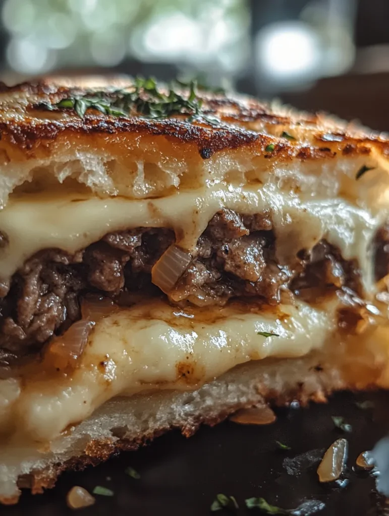 Parmesan Crusted Patty Melt on plate with french fries and pickle spear