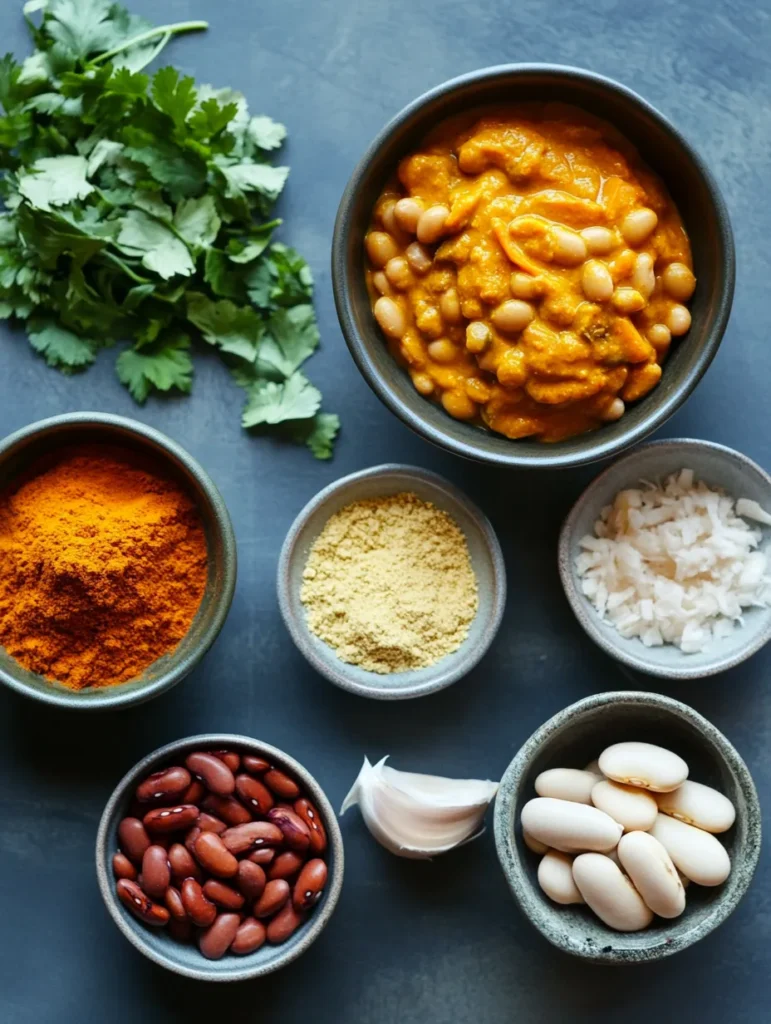 Ingredients for coconut butter bean curry arranged on wooden board