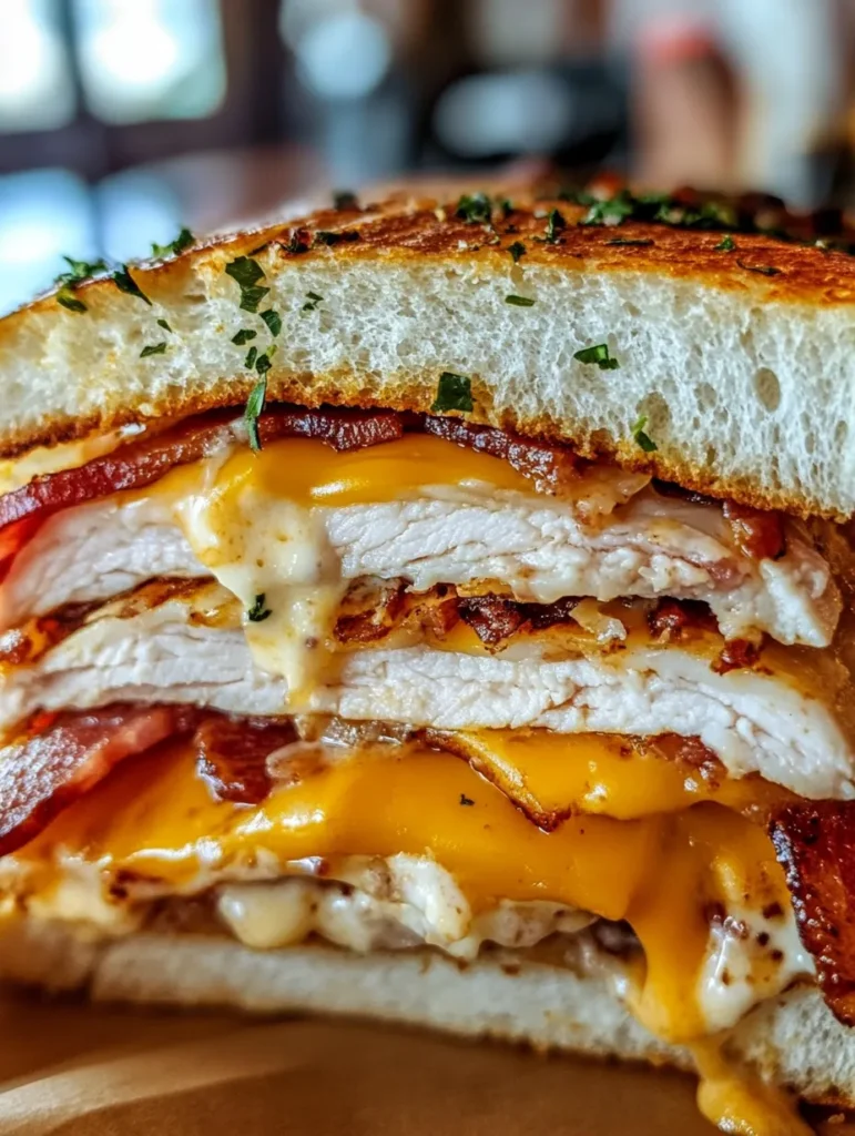 Turkey Bacon Ranch Melt on plate with potato chips and pickle spear