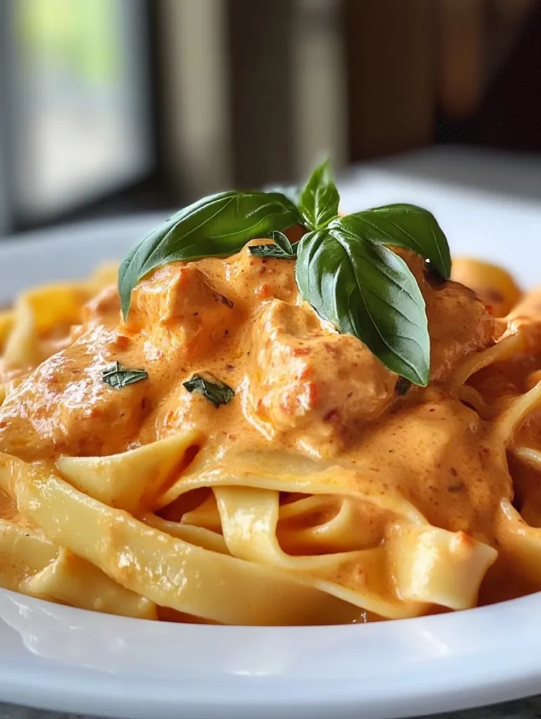 Bowl of pasta with roasted red pepper sauce garnished with fresh basil leaves