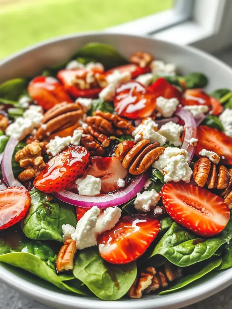 Pouring homemade honey balsamic vinaigrette over fresh strawberry spinach salad