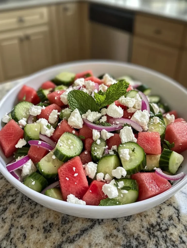 Raw ingredients for watermelon cucumber feta salad arranged on cutting board