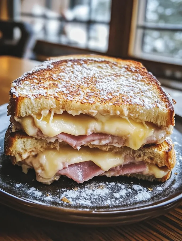 Plated Monte Cristo sandwich with powdered sugar and raspberry jam for dipping