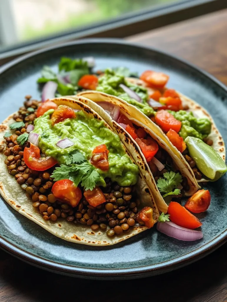 Assembled lentil tacos with creamy avocado sauce and toppings
