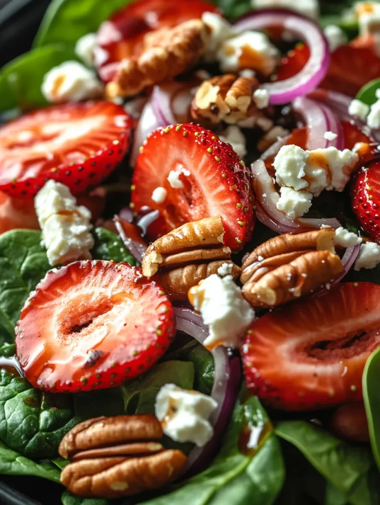 Ingredients for strawberry spinach salad including fresh strawberries, baby spinach, feta cheese, red onion, and pecans