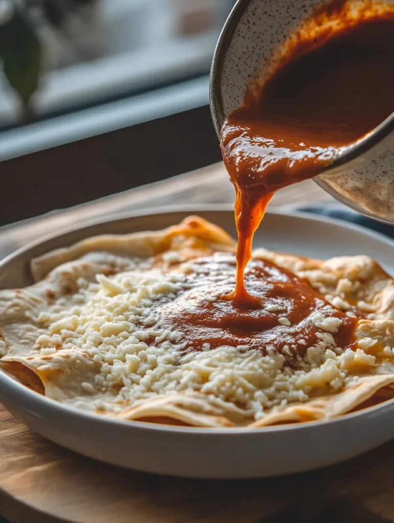 Whisking enchilada sauce in a saucepan as it thickens and bubbles