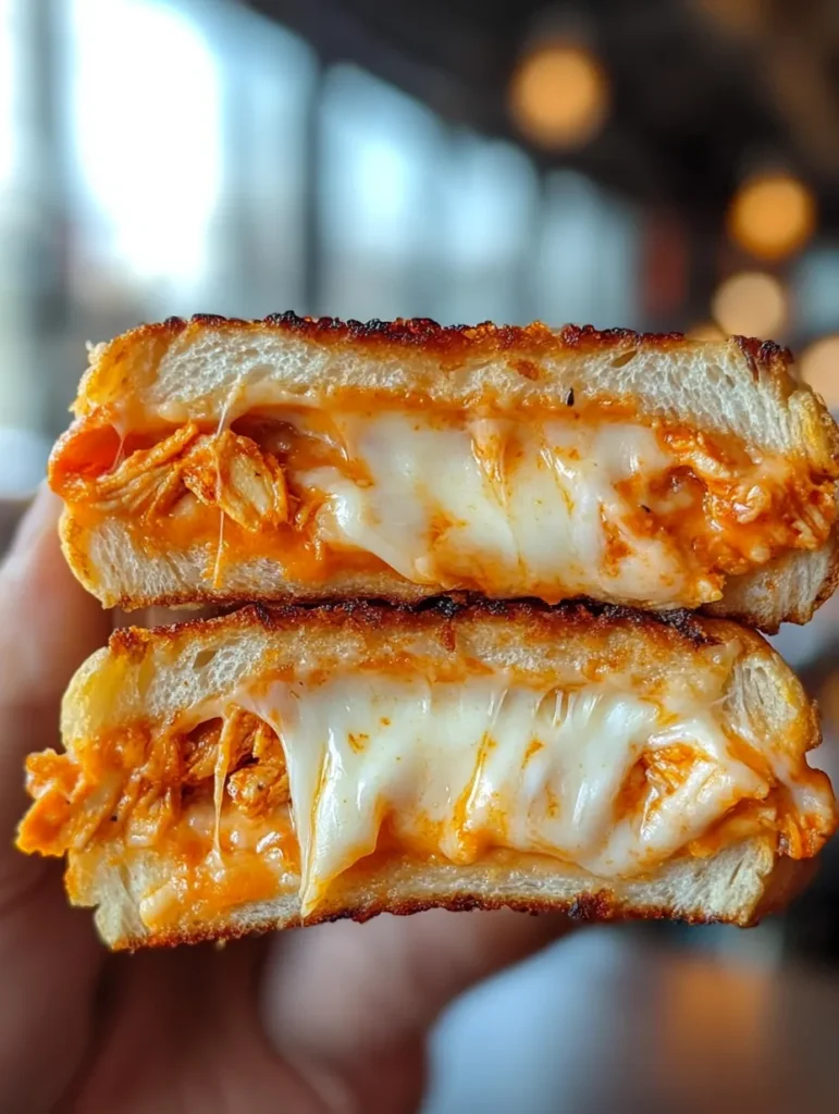 Buffalo Chicken Grilled Cheese on plate with celery and carrot sticks and ranch dipping sauce