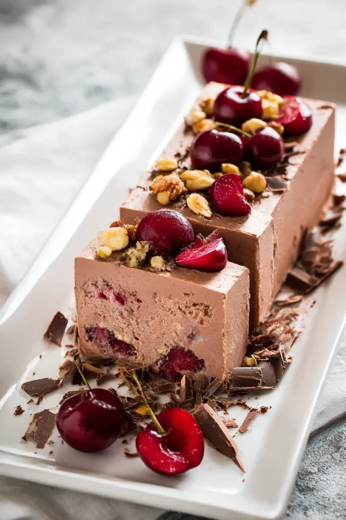 Top down view of a cherry and chocolate French parfait