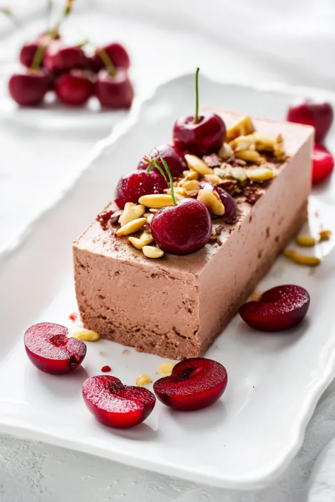 A dual layered frozen parfait topped with cherries, chocolate and almonds.